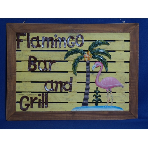 Wood and Metal Flamingo Bar and Grill Sign 29 x 21.5 in, - Allsold.ca
